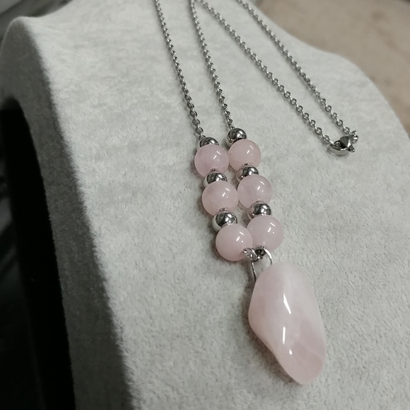 Rose Quartz Necklace Natural Gemstone Crystal Pendant Stainless-Steel Chain - Picture 4 of 16